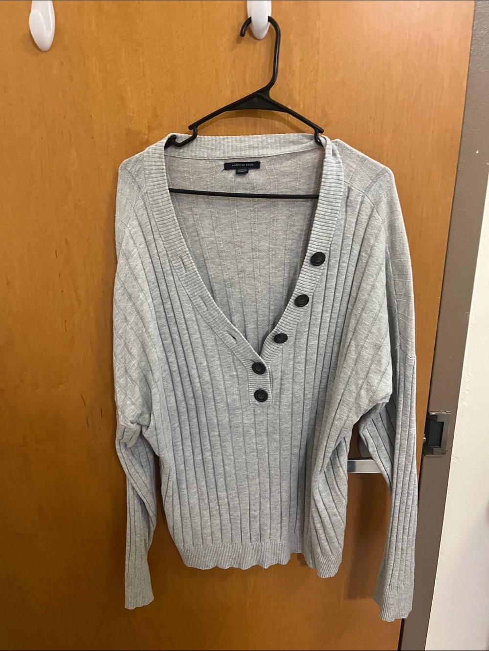 American Eagle Outfitters Light Gray Ribbed V-Neck Sweater with Button Placket